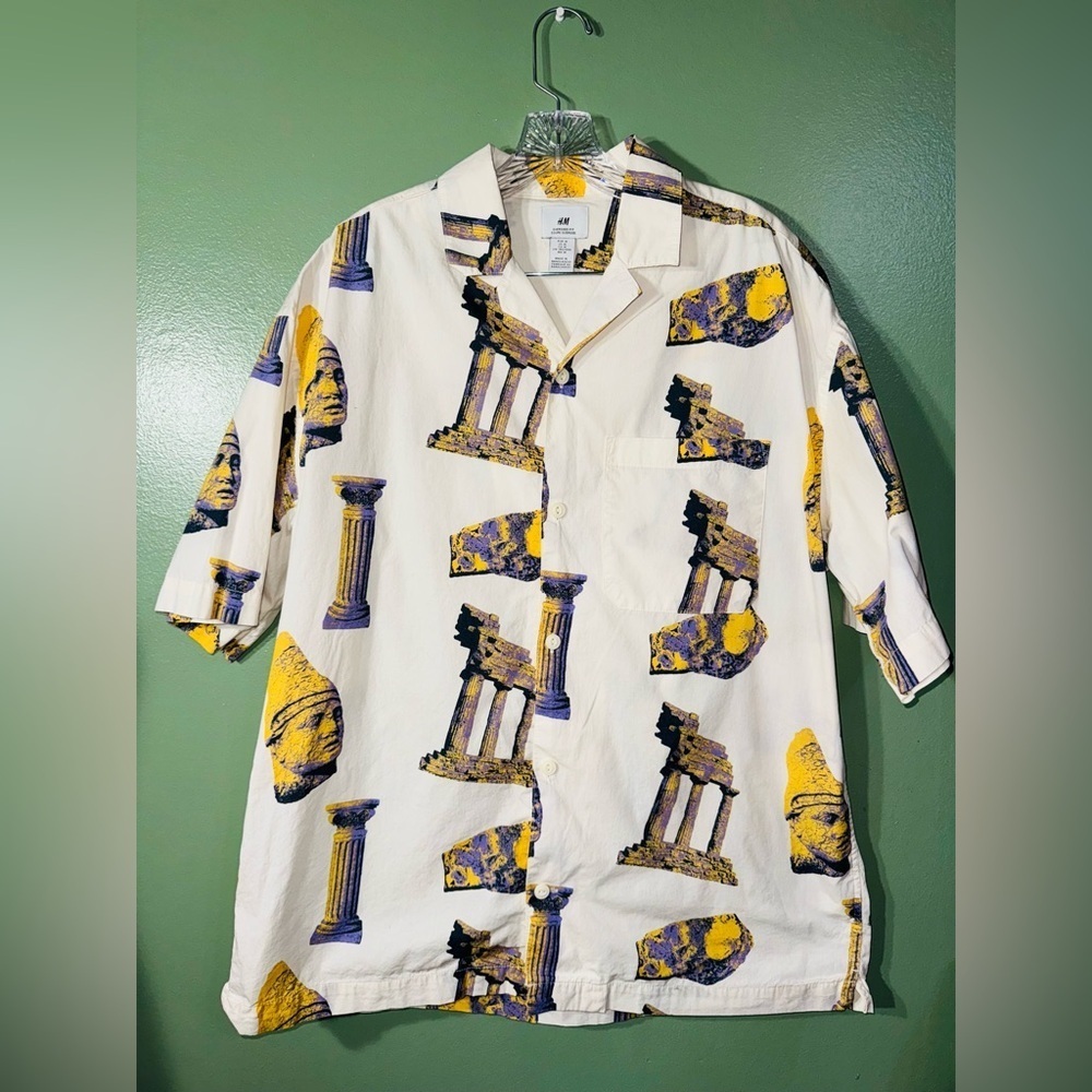 H&M Men's Casual Shirt - White and Yellow Graphic